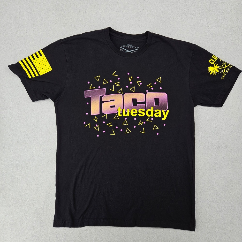 Grunt Style Mens Large Taco Tuesday Black Graphic Tee 80s Neon Retro Patriotic